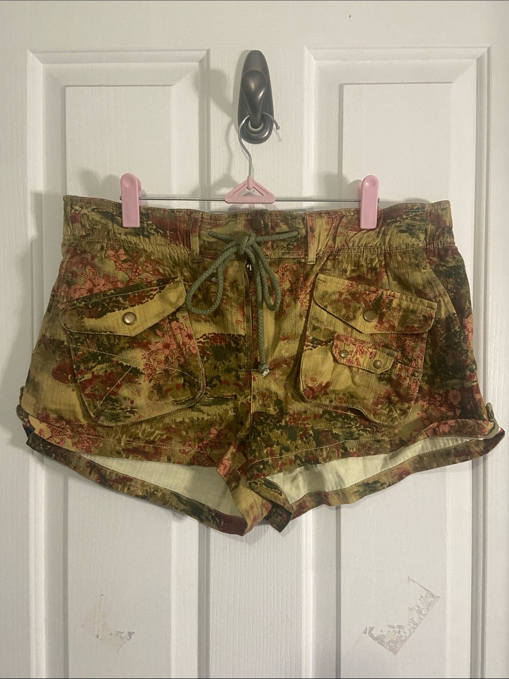 Free People Olive Green Floral Cargo Shorts